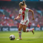 Joueuse de l'Olympique Lyonnais féminin dribblant sur la pelouse du stade lors d'un match officiel