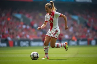 Joueuse de l'Olympique Lyonnais féminin dribblant sur la pelouse du stade lors d'un match officiel