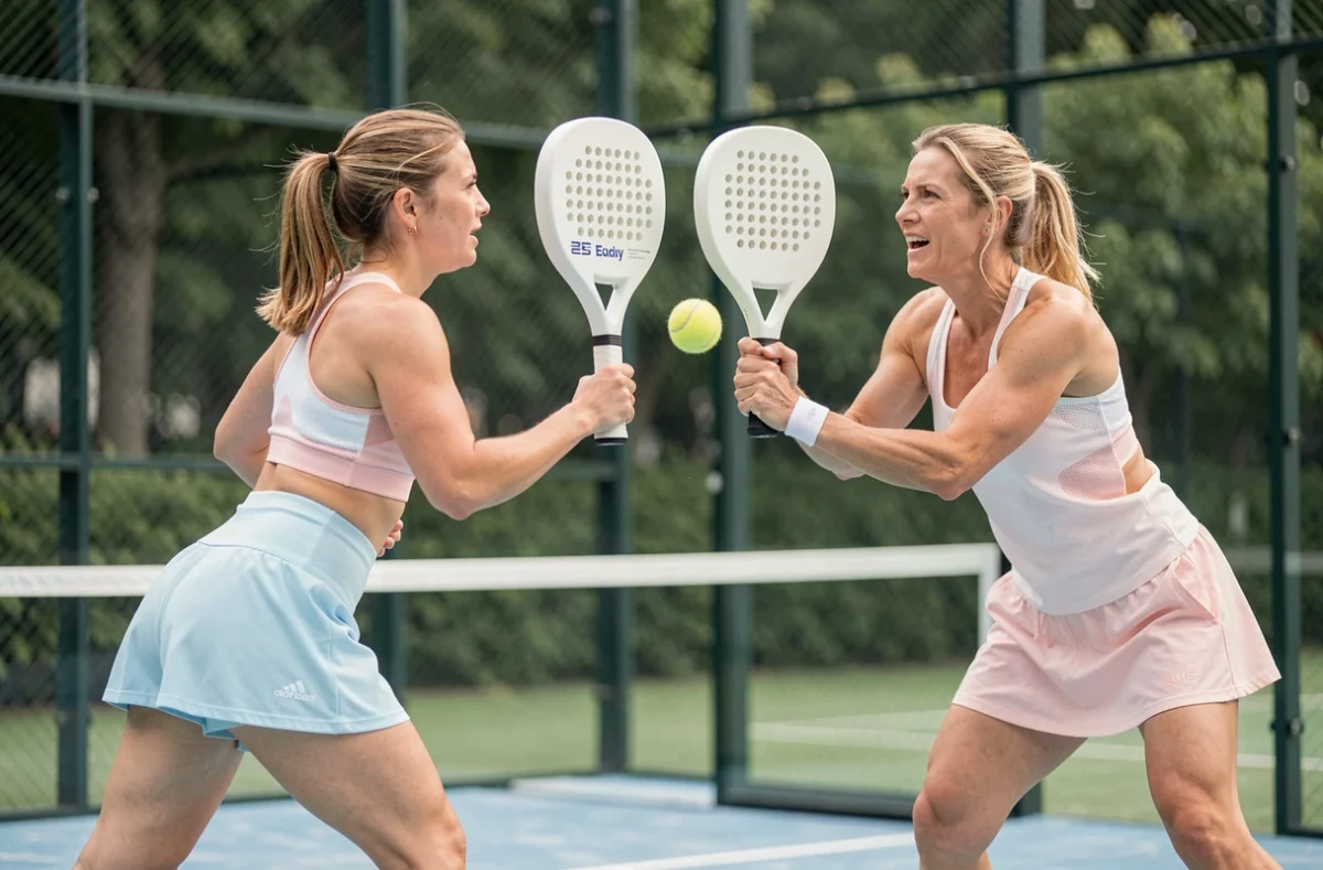 Deux joueuses de padel en double à la volée au filet sur un court en verre extérieur, capturant l'intensité d'un échange en compétition P250