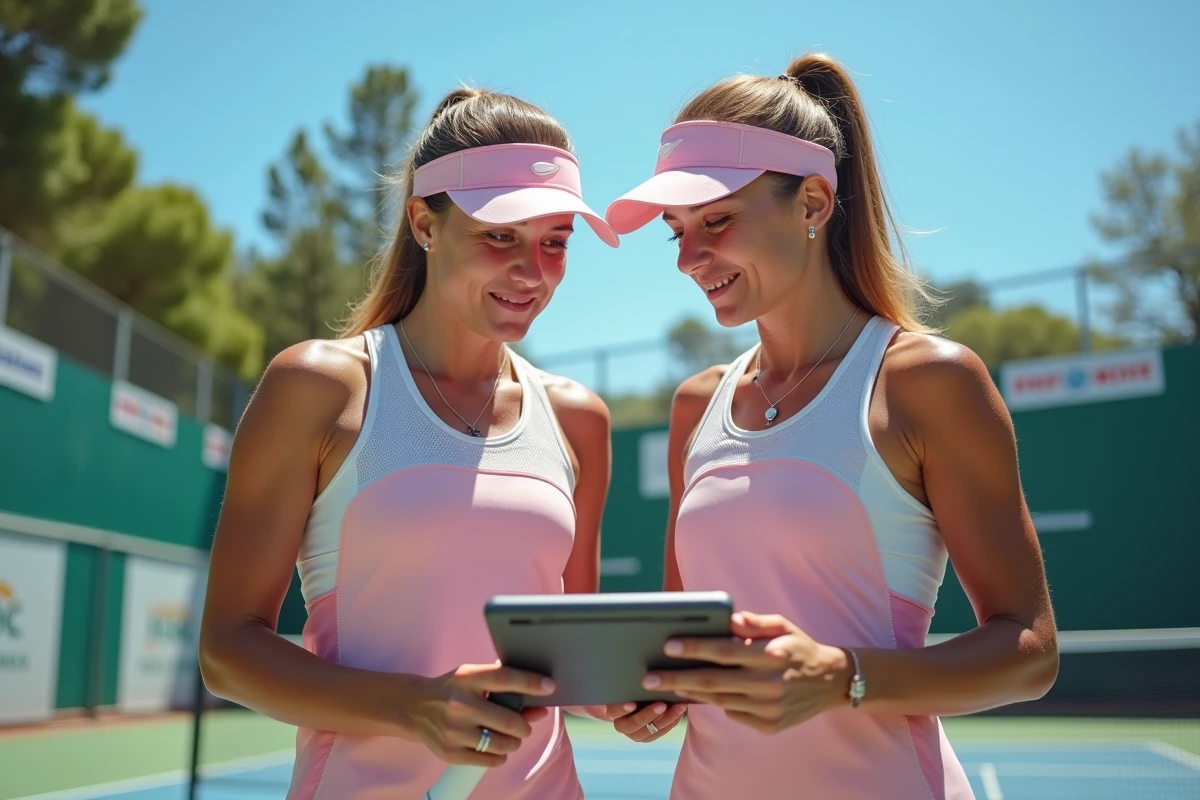 Deux joueuses de padel analysant leur stratégie sur tablette lors d'une pause dans un tournoi P500 en extérieur