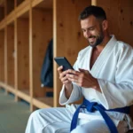 Judoka consultant l'extranet FFJDA sur son smartphone dans un vestiaire de dojo après l'entraînement
