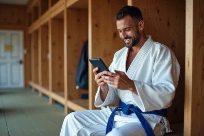 Judoka consultant l'extranet FFJDA sur son smartphone dans un vestiaire de dojo après l'entraînement