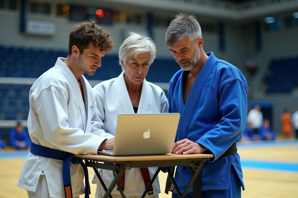 Groupe de judokas adultes consultant ensemble une plateforme de gestion des inscriptions sur ordinateur au bord du tatami lors d'un entraînement