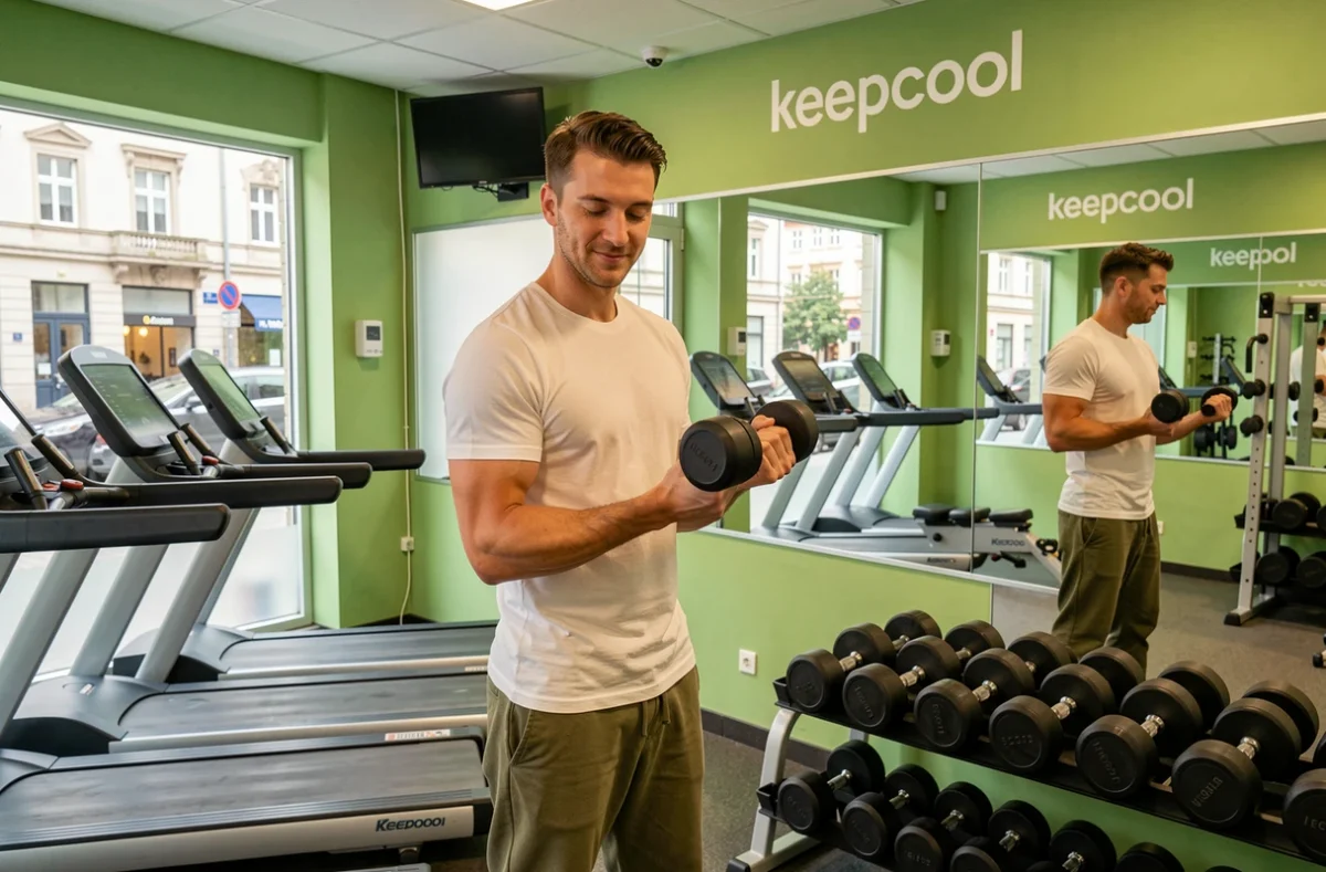 Keepcool Strasbourg Centre, salle de musculation compacte en centre-ville avec membre masculin effectuant des curls aux haltères devant un miroir