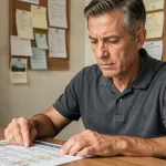 Homme lisant attentivement un classement de rugby r1 Nouvelle Aquitaine imprimé sur papier, assis à un bureau en bois