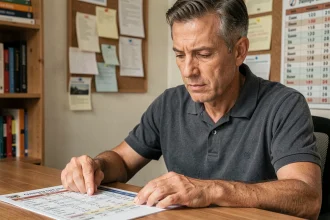 Homme lisant attentivement un classement de rugby r1 Nouvelle Aquitaine imprimé sur papier, assis à un bureau en bois