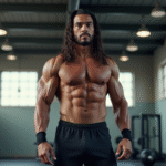Lutteure musclé en salle de sport lumineuse