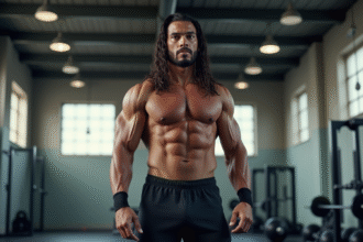 Lutteure musclé en salle de sport lumineuse