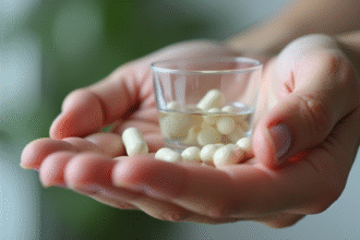Mains d'un adulte tenant un verre d'eau et des capsules de collagene