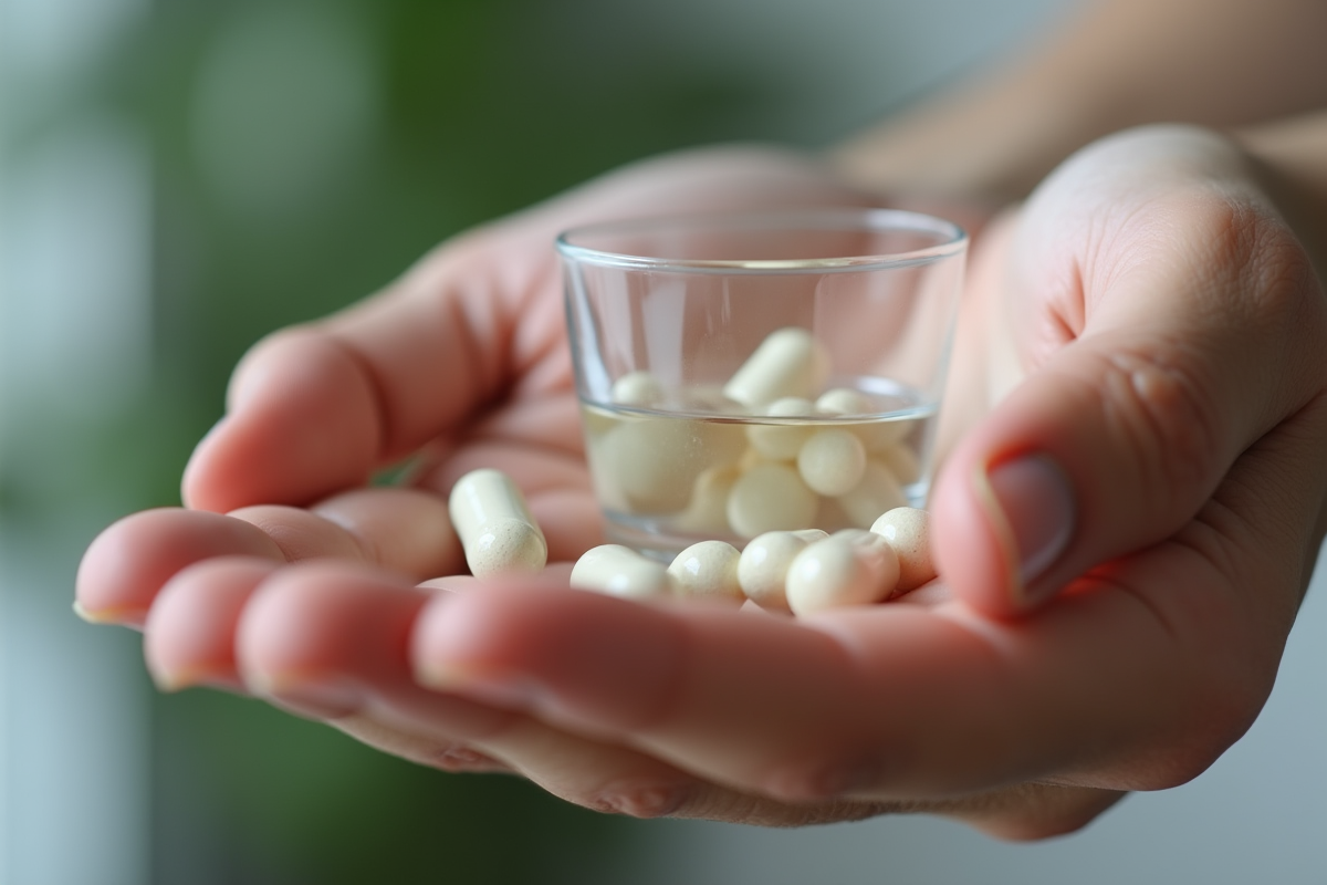 Mains d'un adulte tenant un verre d'eau et des capsules de collagene