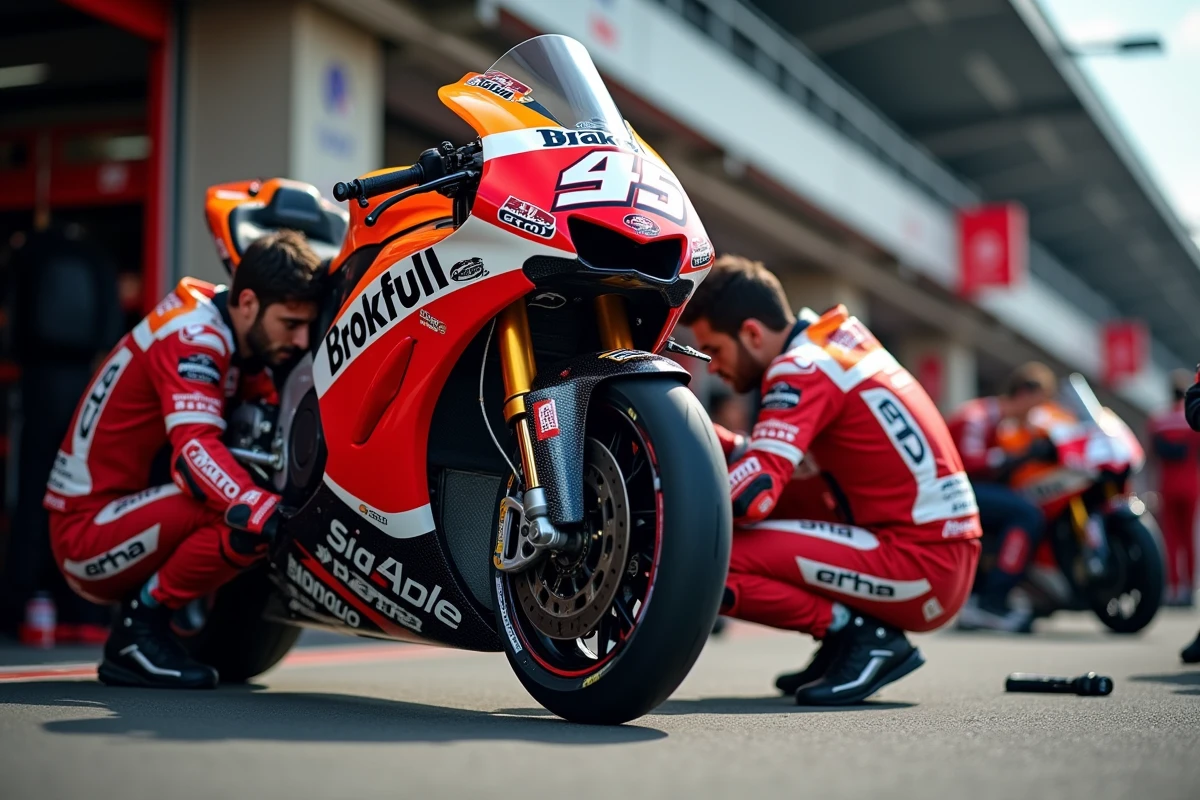 Mécaniciens MotoGP en train de préparer une moto dans le stand lors d'un Grand Prix du dimanche