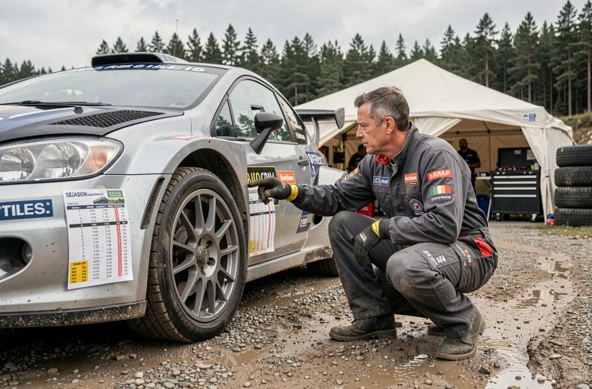 Mécaniciens de rallye consultant le calendrier de saison 2026 dans un parc d'assistance sur terrain de gravier