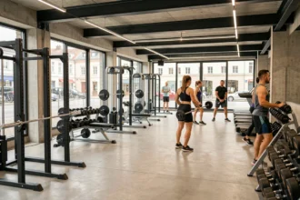 Vue d'ensemble d'une grande salle de musculation moderne dans le Grand Est avec rangées d'équipements et membres en train de s'entraîner