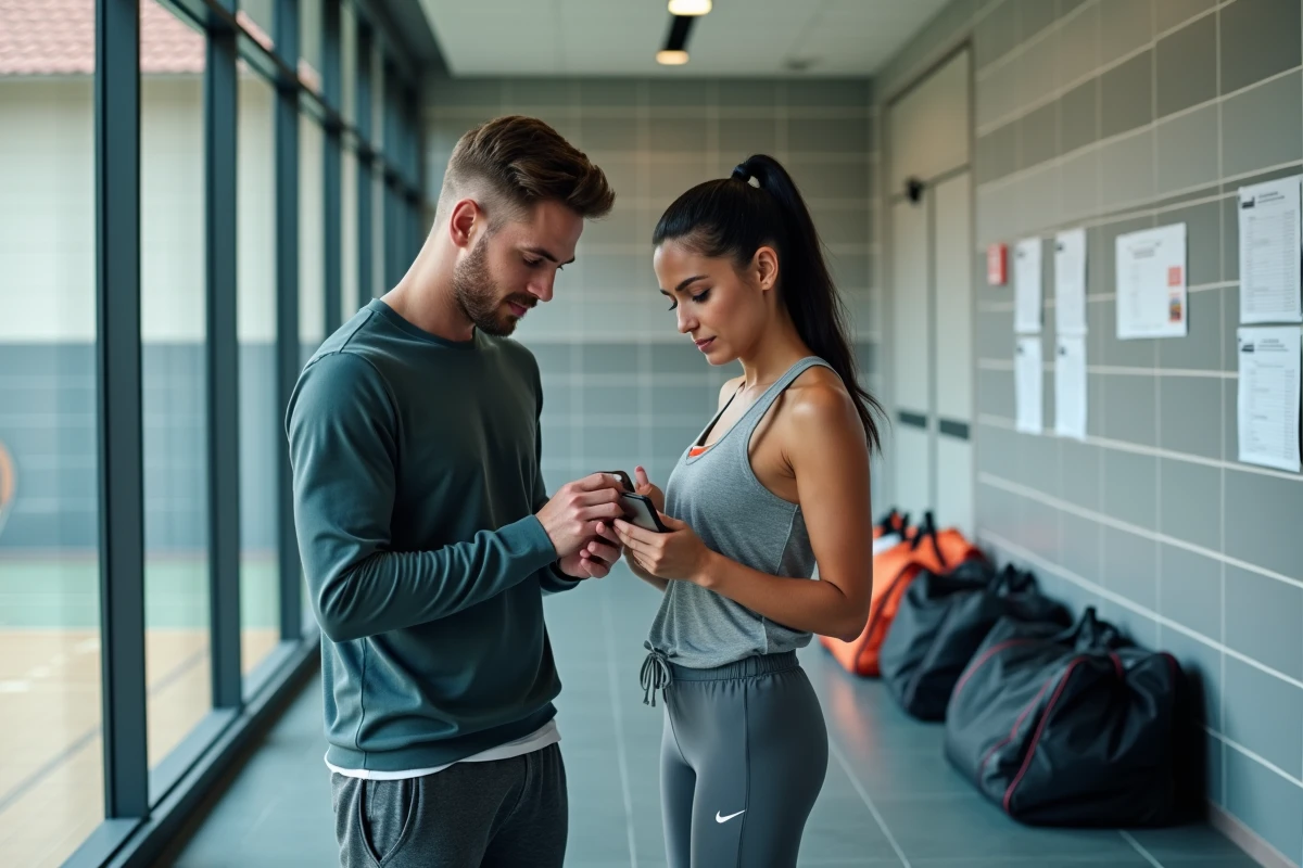 Deux membres d'un club de judo consultant ensemble l'extranet FFJDA sur mobile dans un couloir de gymnase