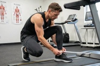 Coureur mesurant la longueur de sa jambe avec un ruban métrique dans un laboratoire de biomécanique pour calibrer la conversion de pas en kilomètres