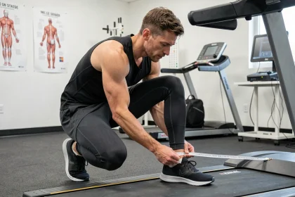 Coureur mesurant la longueur de sa jambe avec un ruban métrique dans un laboratoire de biomécanique pour calibrer la conversion de pas en kilomètres