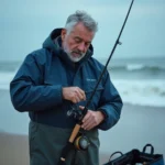 Pêcheur assemblant une canne de surfcasting sur une plage de sable au bord de l'Atlantique, avec matériel de montage bar visible au sol