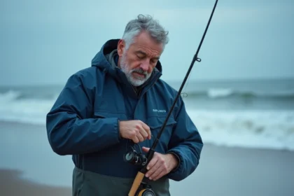 Pêcheur assemblant une canne de surfcasting sur une plage de sable au bord de l'Atlantique, avec matériel de montage bar visible au sol