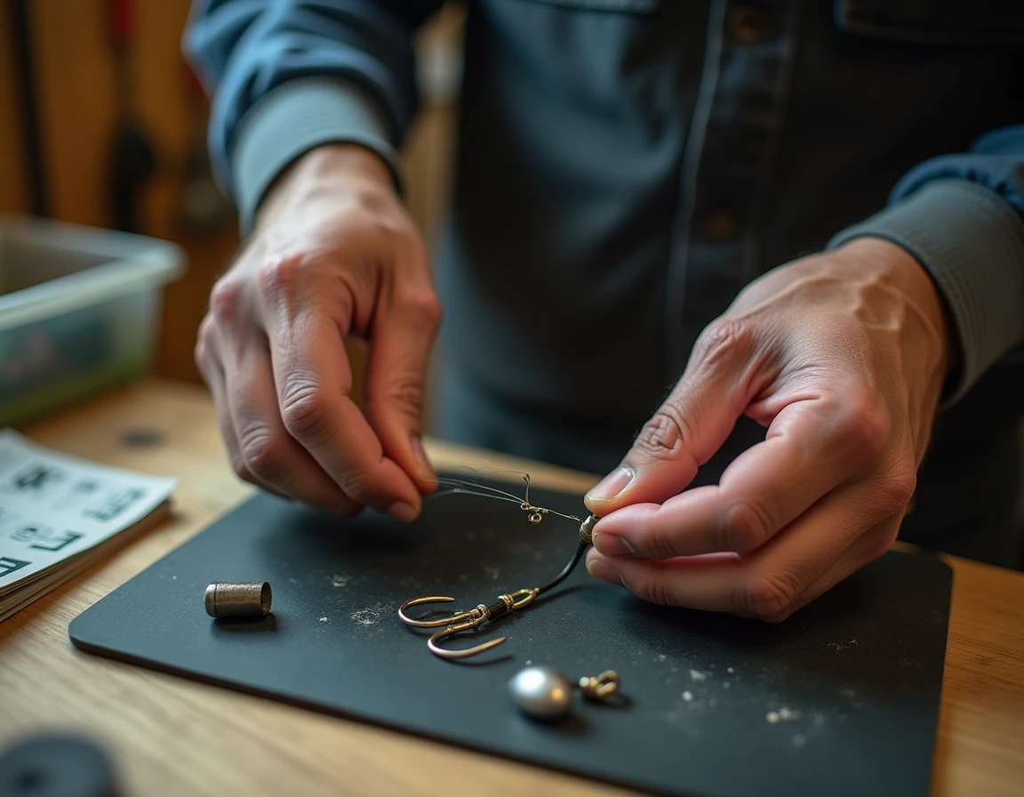 Gros plan sur des mains montant un bas de ligne fluorocarbone avec hameçon et plomb pour le surfcasting du bar