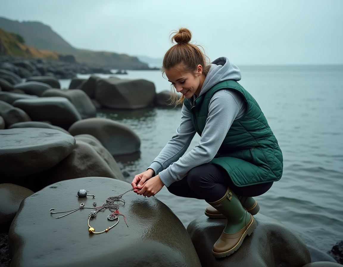 Jeune femme inspectant un montage surfcasting complet avec hameçons pennell et plomb torpille posé sur un rocher en bord de mer