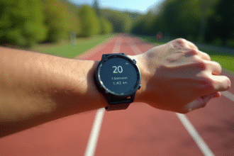 Montre connectee sur bras de coureur affichant 20 miles et km