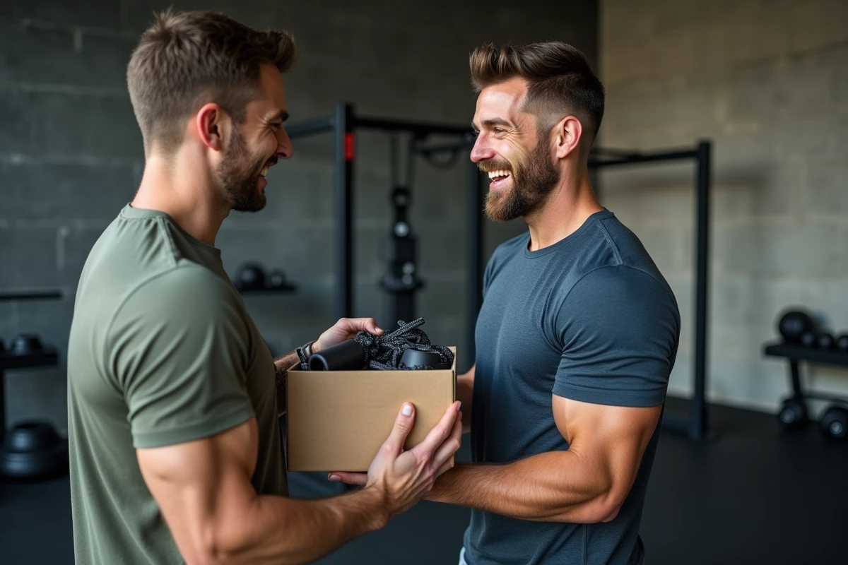 Deux amis sportifs dans une salle de sport moderne, l'un offrant un cadeau sportif premium à l'autre qui exprime une réaction de surprise et de joie authentique