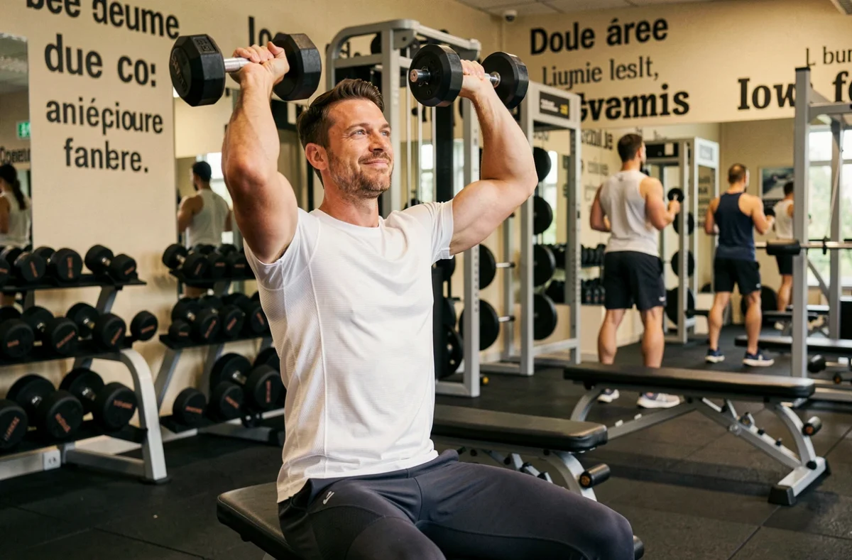 One Fitness Club Strasbourg Meinau, salle de musculation de quartier à standard premium avec membre effectuant un développé épaules aux haltères