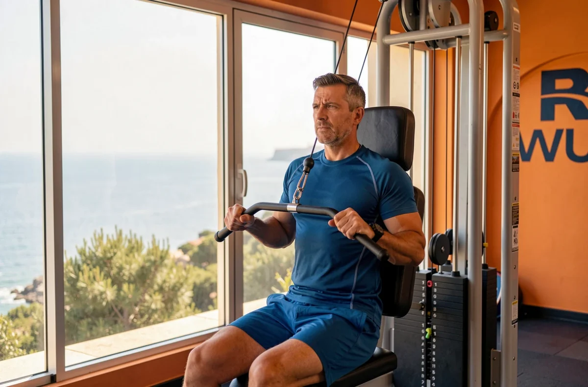 Homme utilisant un appareil de tirage vertical dans une salle Orange Bleue proche du littoral méditerranéen