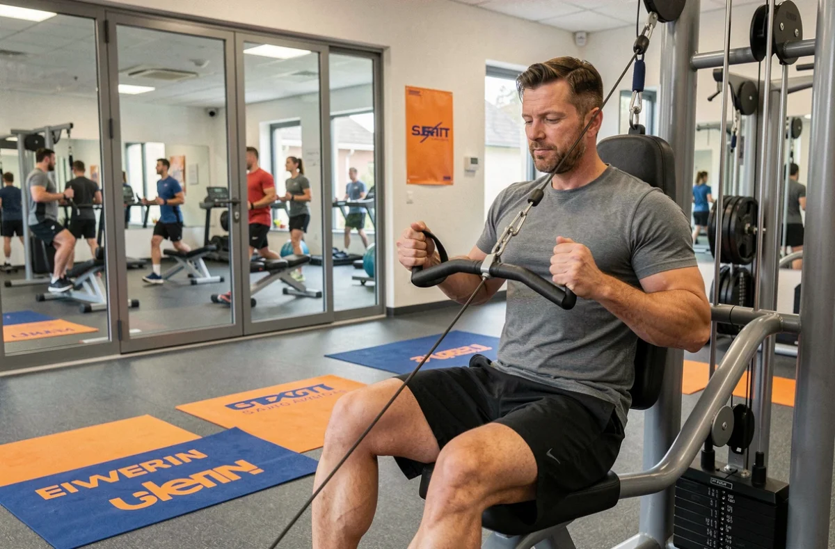 Membre masculin utilisant un appareil de câble dans une salle Orange Bleue en banlieue, signalétique orange et bleue visible