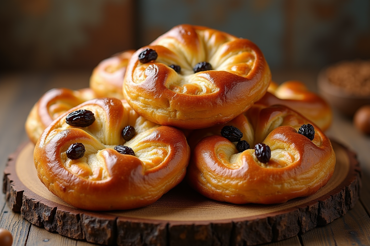 Pain aux raisins en pile dans une boulangerie rustique