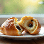 Pain aux raisins tranché avec croûte dorée et raisins visibles