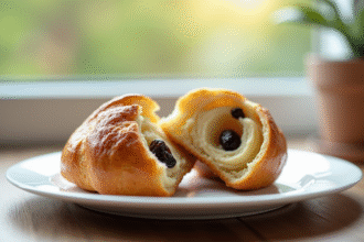 Pain aux raisins tranché avec croûte dorée et raisins visibles