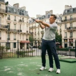 Homme pratiquant le golf sur un parcours compact accessible depuis Paris avec des immeubles haussmanniens en arrière-plan
