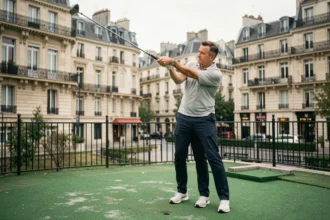 Homme pratiquant le golf sur un parcours compact accessible depuis Paris avec des immeubles haussmanniens en arrière-plan