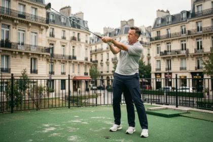 Homme pratiquant le golf sur un parcours compact accessible depuis Paris avec des immeubles haussmanniens en arrière-plan