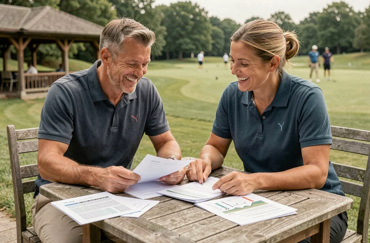 Deux stagiaires débutants en golf discutant des bases techniques lors d'une pause pédagogique conviviale en extérieur
