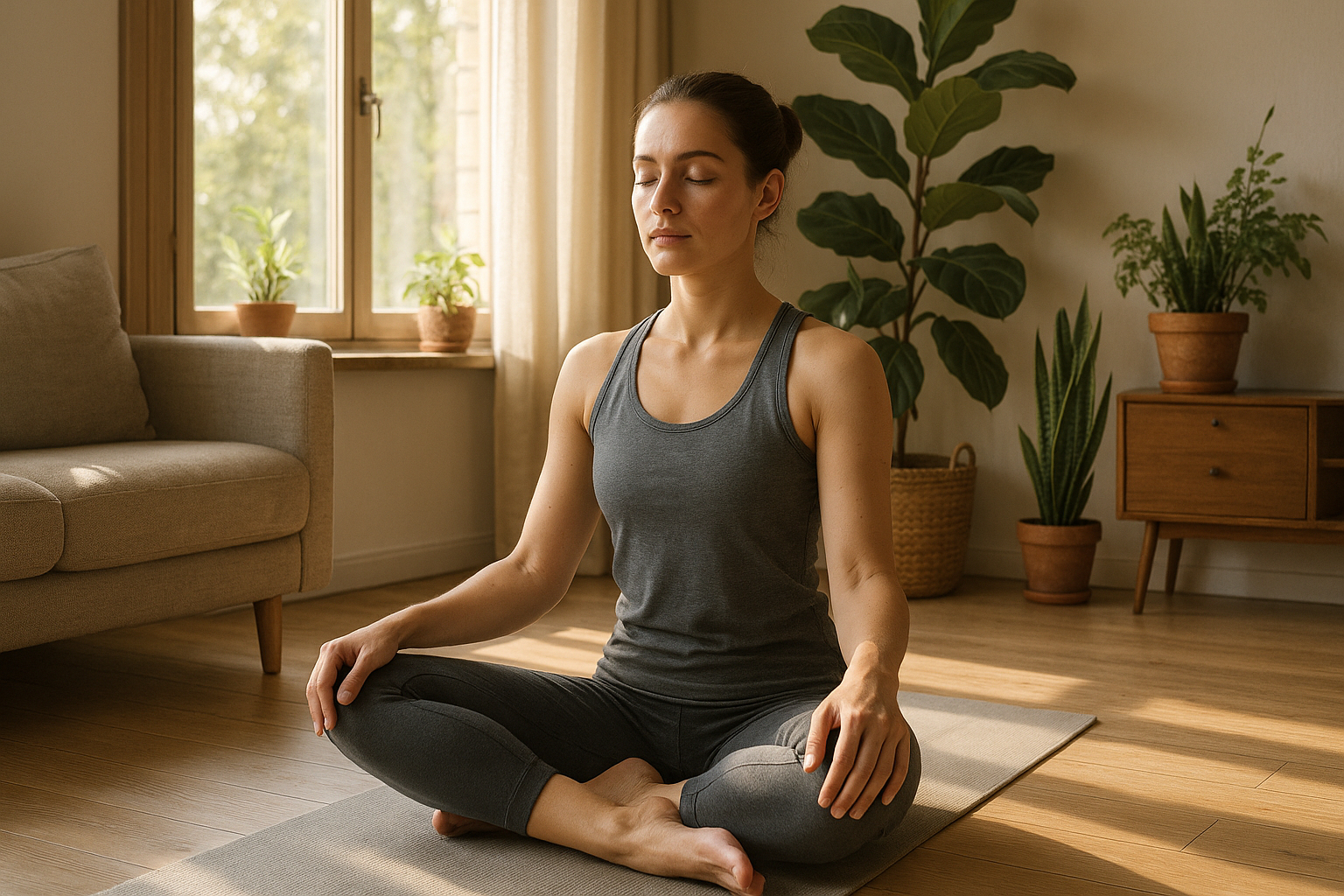 Personne faisant du yoga dans un salon lumineux et paisible