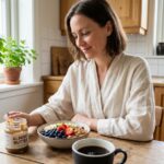 Femme en robe de chambre préparant un petit-déjeuner équilibré avec fruits frais et granola dans une cuisine lumineuse