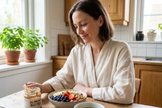 Femme en robe de chambre préparant un petit-déjeuner équilibré avec fruits frais et granola dans une cuisine lumineuse