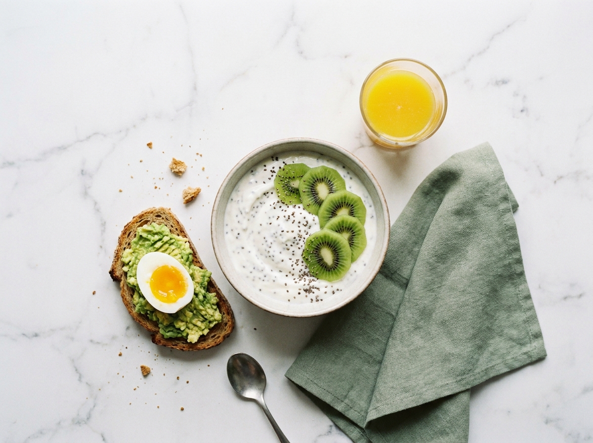 Vue de dessus d'un petit-déjeuner sain et minceur composé de yaourt grec, toast à l'avocat et jus d'orange frais sur marbre blanc