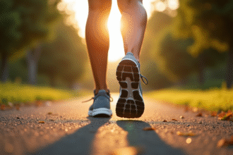 Pieds en chaussures de course sur chemin ensoleille