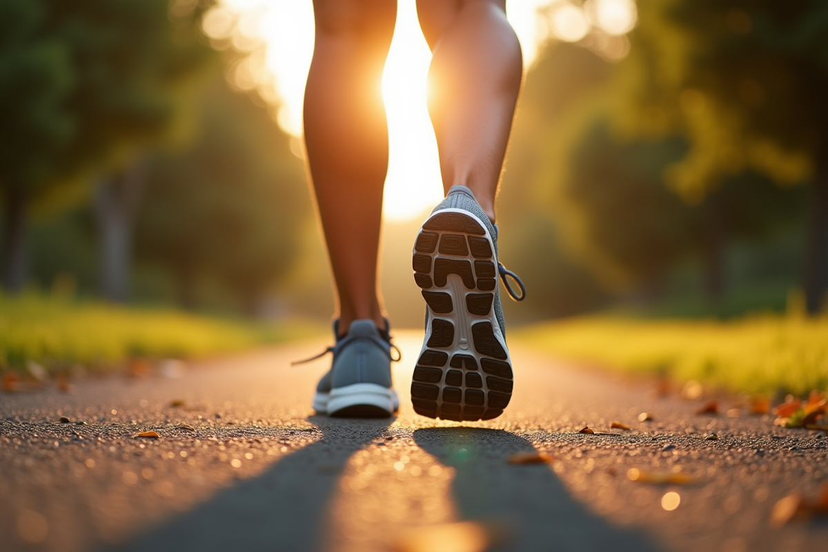 Pieds en chaussures de course sur chemin ensoleille
