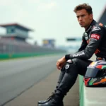 Pilote moto gp en tenue de course assis pensif