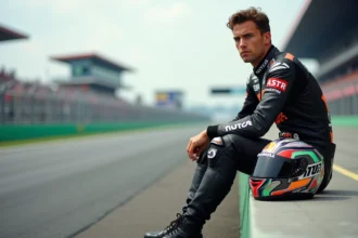Pilote moto gp en tenue de course assis pensif