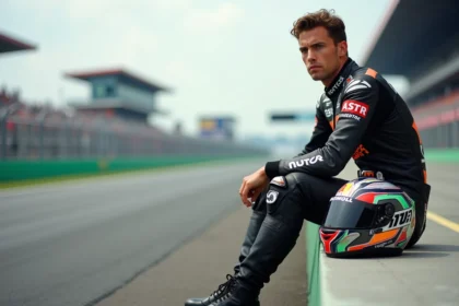 Pilote moto gp en tenue de course assis pensif