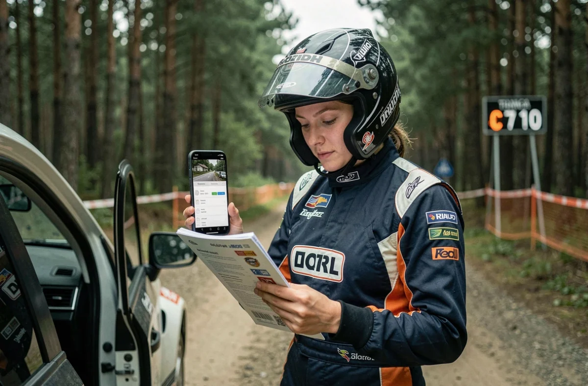 Pilote de rallye féminine consultant son roadbook et son application de calendrier 2026 au départ d'une spéciale en forêt