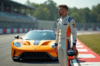 Homme en combinaison de course avec casque à côté d'une voiture de sport sur circuit