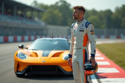 Homme en combinaison de course avec casque à côté d'une voiture de sport sur circuit