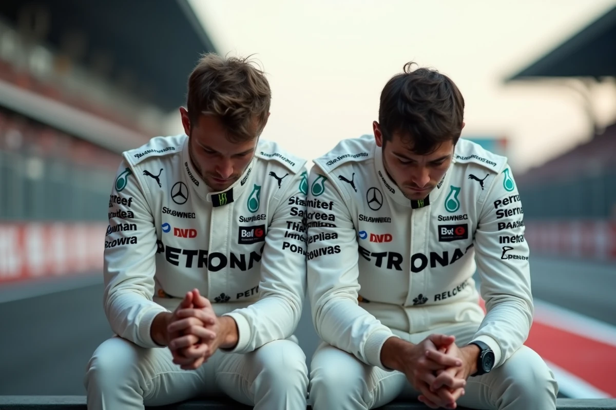 Deux pilotes de Formule 1 en combinaison d'écurie assis côte à côte dans le paddock, visages marqués par l'émotion et la solidarité
