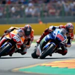 Deux pilotes MotoGP en pleine course négociant un virage sur un circuit professionnel devant des tribunes combles